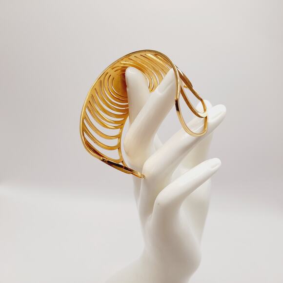 Gold Tone Open Work Cuff Bracelet w/ Mother of Pearl Center - Picture 4 of 7